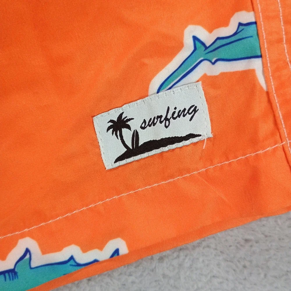 Unbranded Mens Swim Trunks Orange Shark‎ Print S Elastic Waist Drawstring